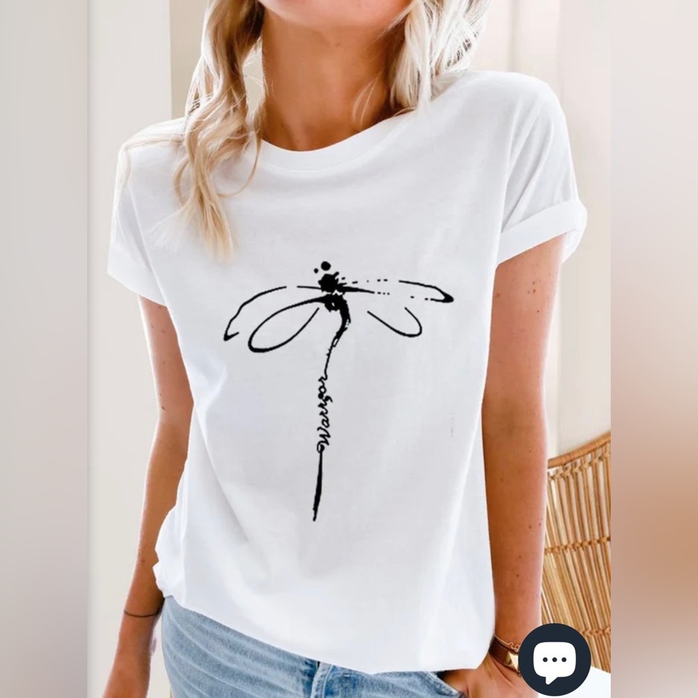 Regular Fit Crewneck Short Sleeve Shirt with Dragonfly Women Size Small White